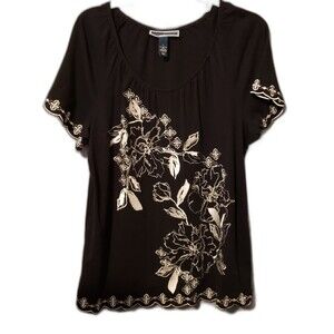 Karen Scott Black Top Women's Size Large Beautiful Trim Design Studs Scoop Neck